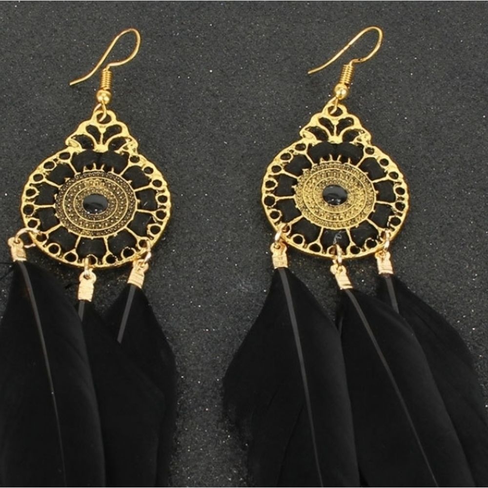 NEW MEDIALION BLACK FEATHER EARRINGS - Picture 2 of 4